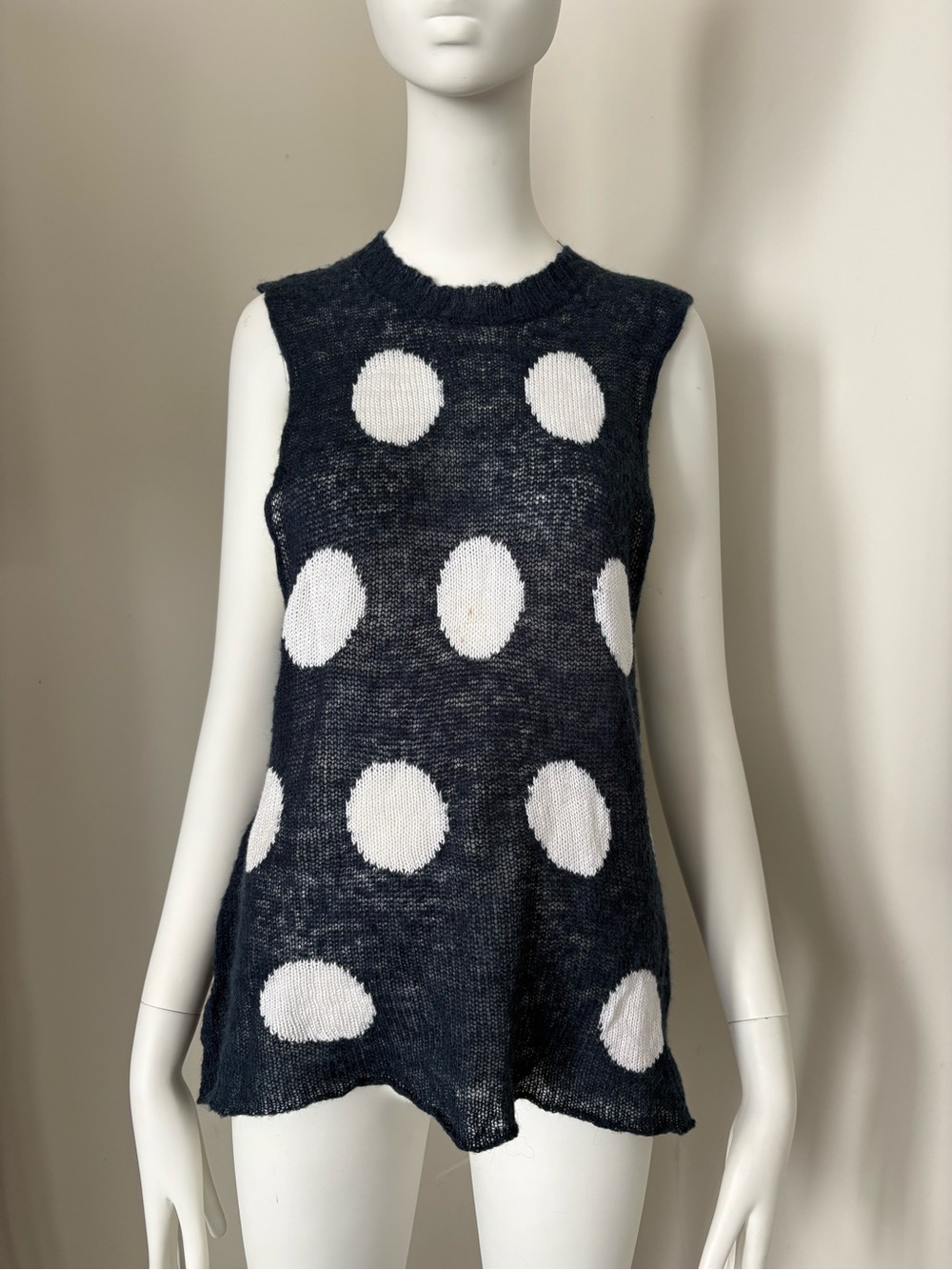 Sleeveless Navy Polka Dot Knit Top - White Dot Detail